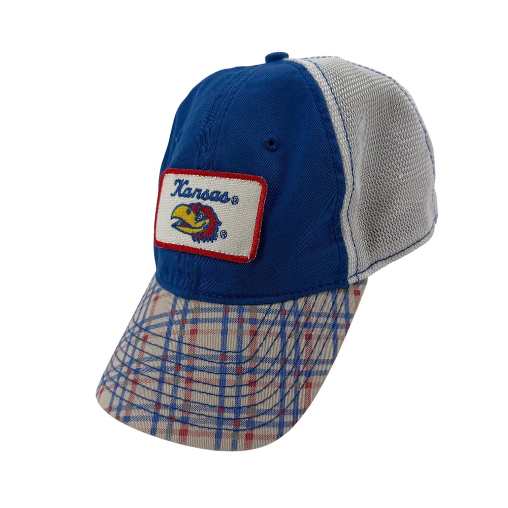 NCAA Kansas Jayhawks Trucker Hat Blue Plaid Brim Mesh Back Signatures Adjustable - Picture 2 of 7